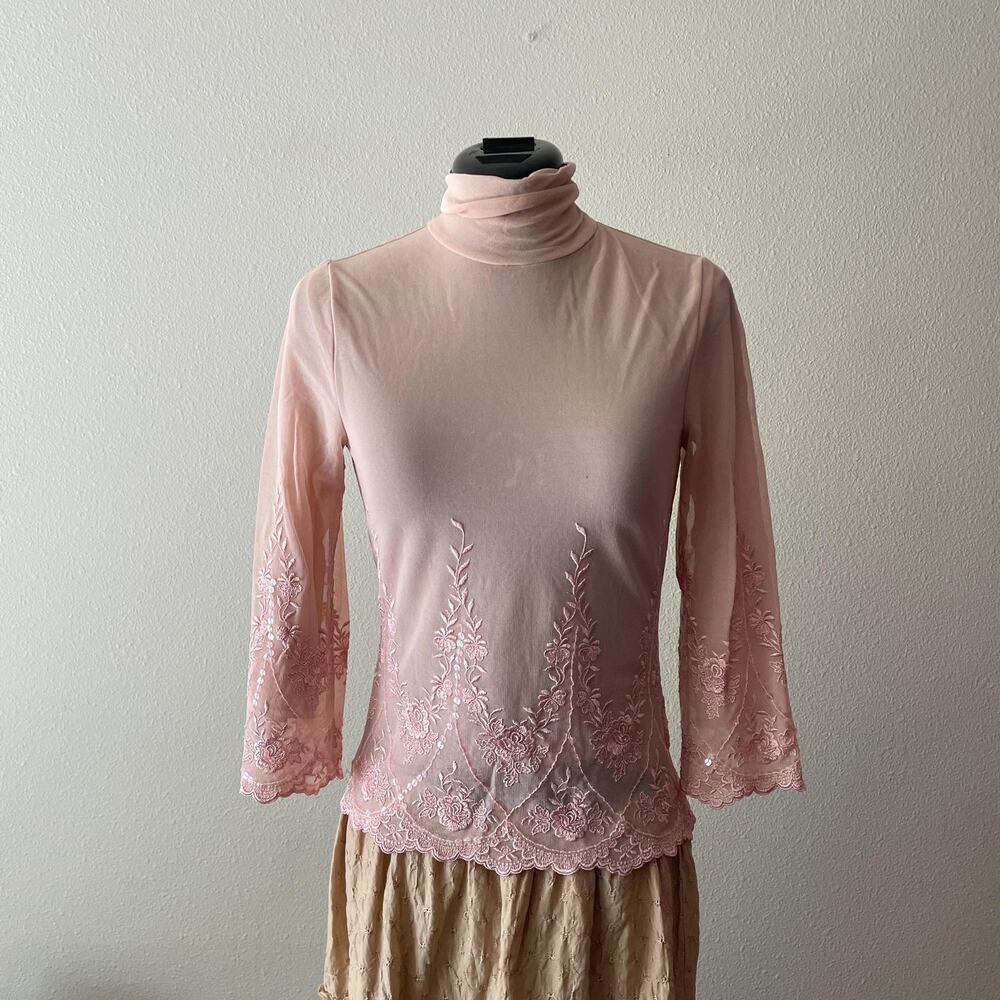 90s vintage blush pink sheer lace micro mesh long sleeve mock neck blouse